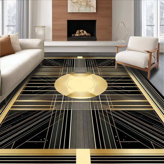 ODIKA 4'x6' Machine Washable Non-Slip Area Rug, Art Inspired Grid Accent for High Traffic Rug, Gold, 126960