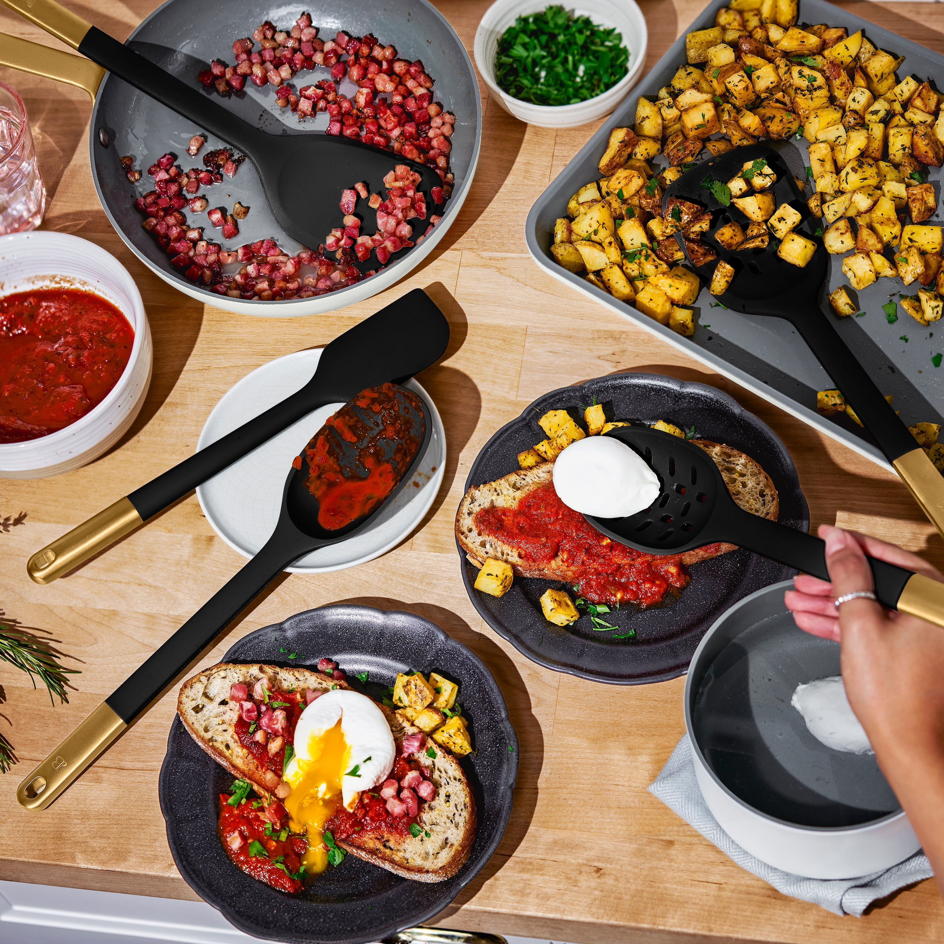 Beautiful 6-Piece Silicone Kitchen Utensil Tool Set with Rotating Rack, Black Sesame by Drew Barrymore