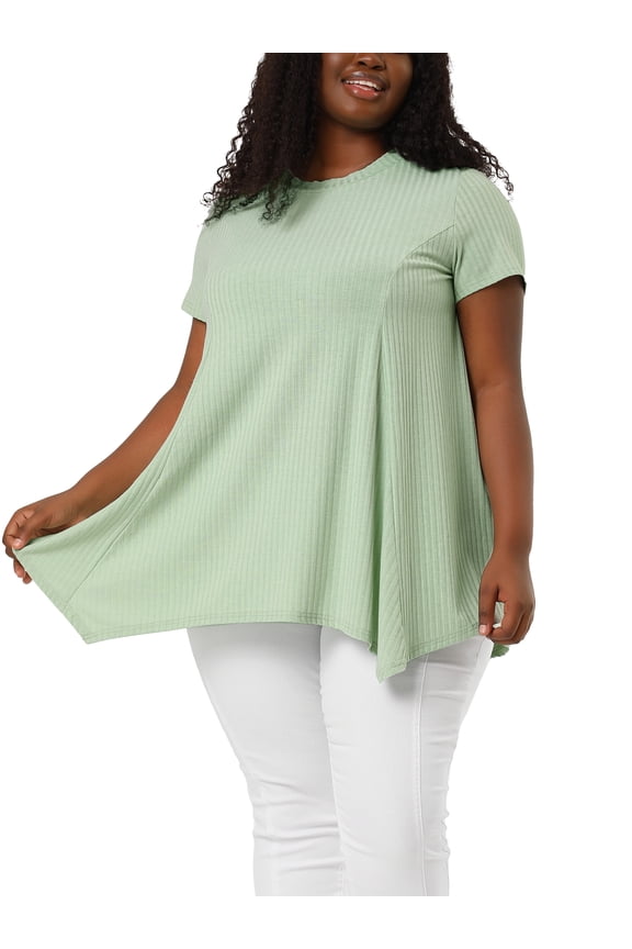 Juniors' Plus Size Short Sleeve Tunic Handkerchief Hem Summer Casual Top 1X Light Green
