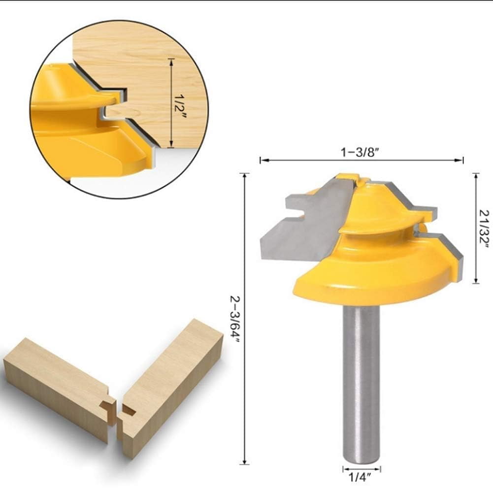 Zgui 3Pcs Router Bits Set 1/4 Inch Shank 45 Degree Miter Router Bit Woodworking Wood Cutter, Wood Carbide Groove Tongue Milling Tool Joint Router Bits Lock Miter Router Bit Wood Milling A418