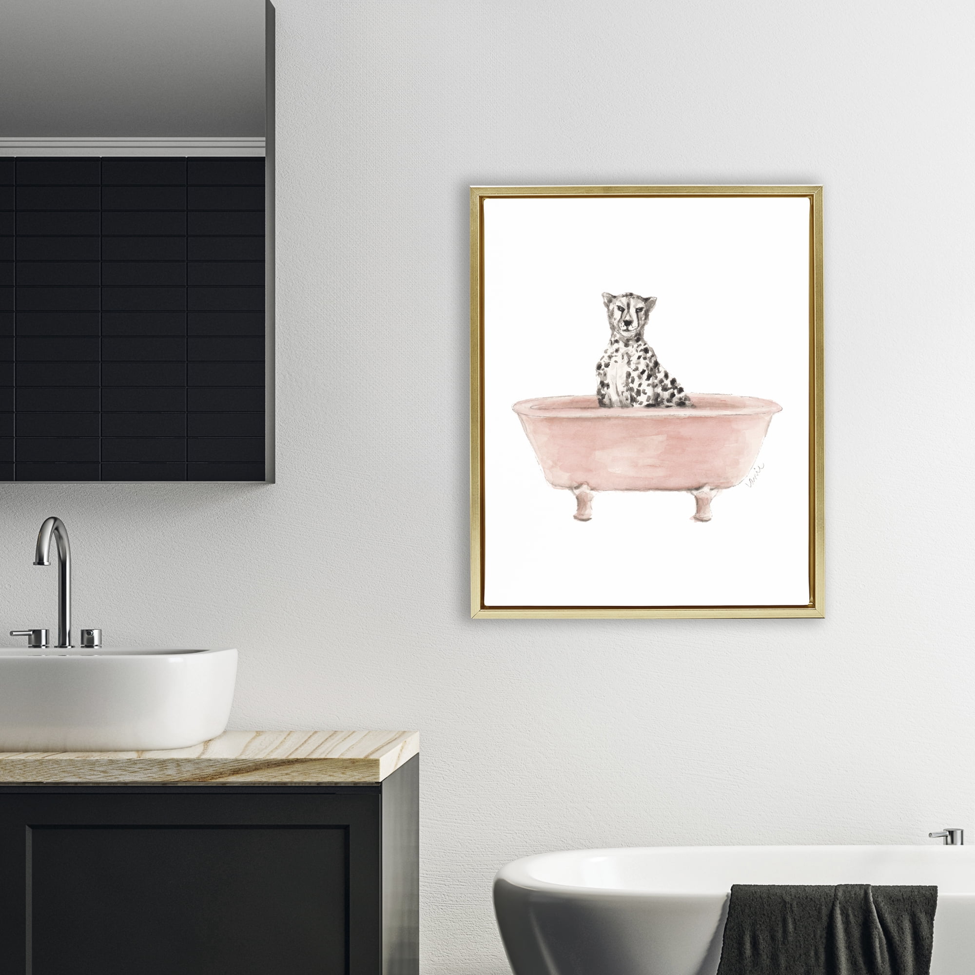 Stupell Industries Cheetah in Pink Tub Gold Framed Floater Canvas Wall Art, design by Lanie Loreth