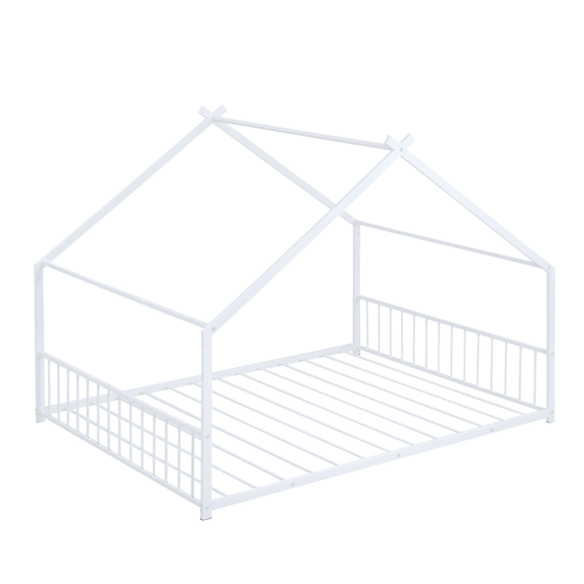 Jopath Full Size Bed Metal Floor Bed,Full House Bed Frame Floor Bed Frame,With Roof With Headboard And Footboard With Slats Support For Kids Toddler White