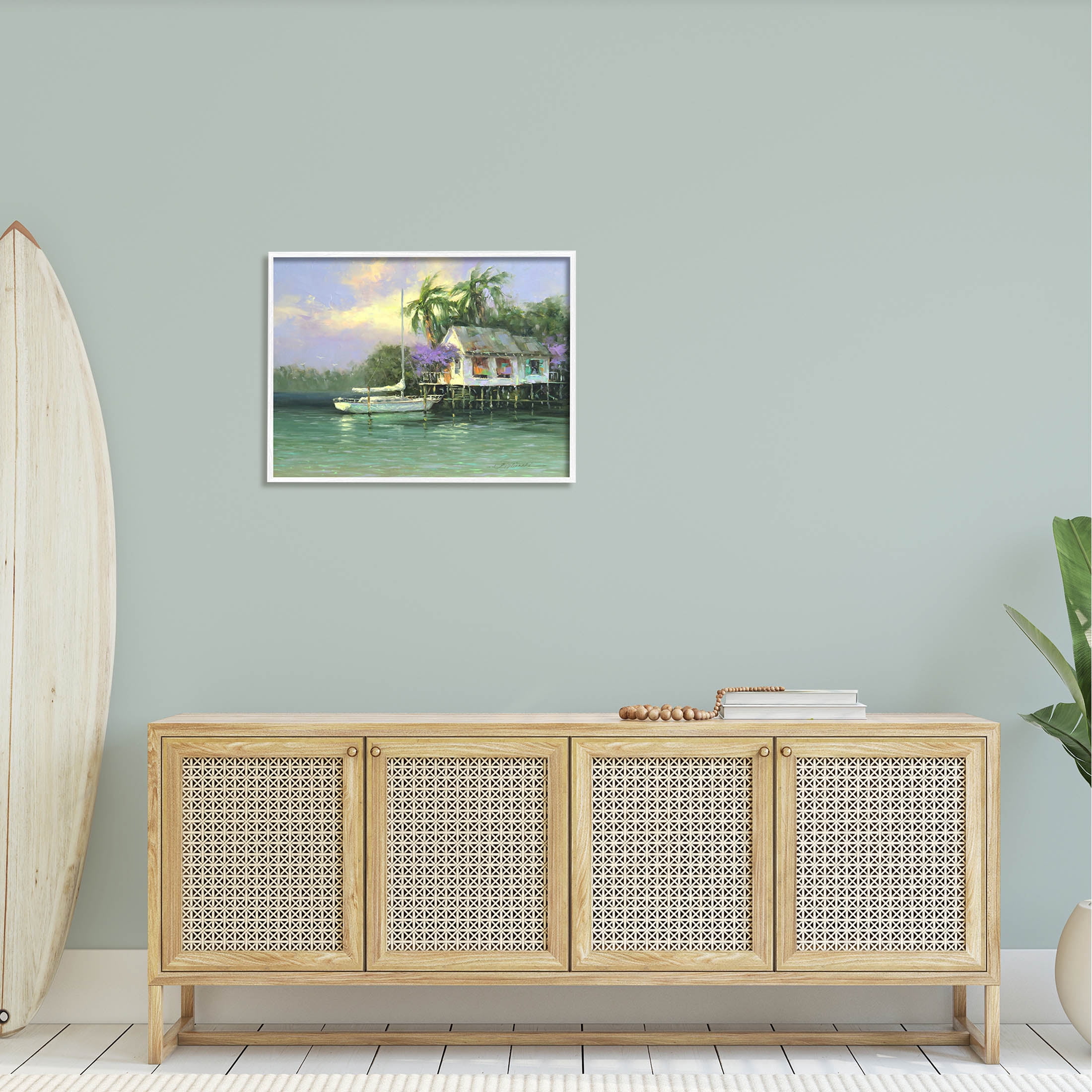 Summer Ocean Pier Palm Trees Landscape Painting White Framed Art Print Wall Art