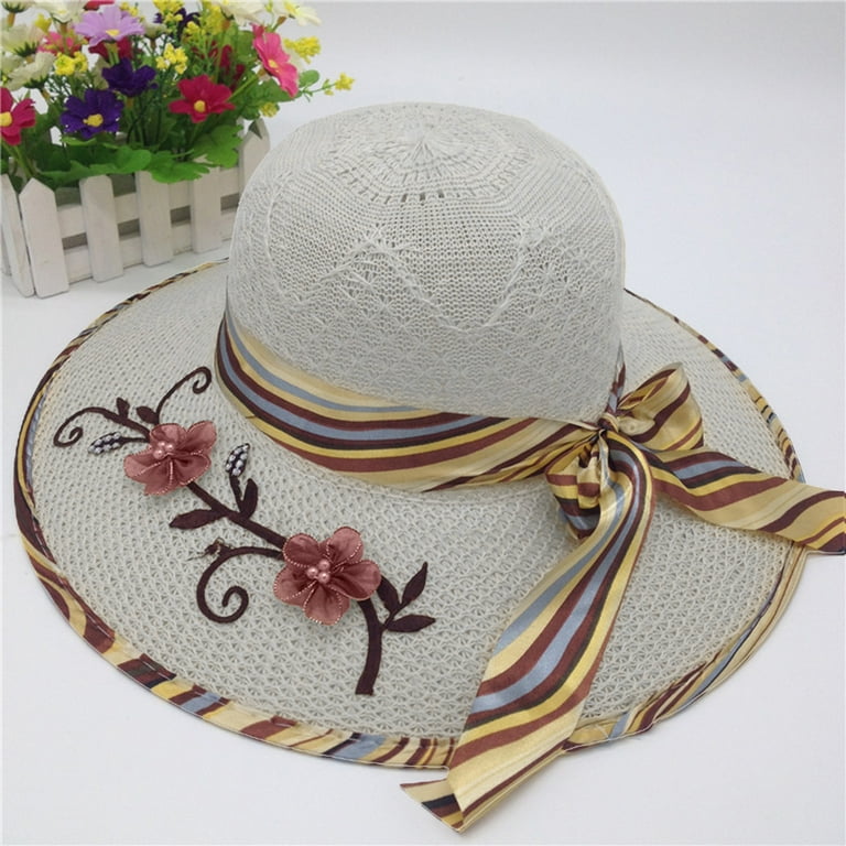 lizyue Ribbon Bowknot Decor Flower Stitching Sun Hat Foldable Wide