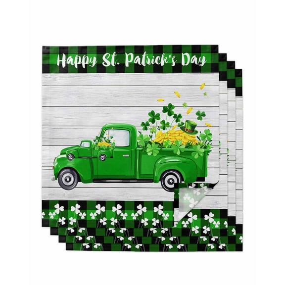 St. Patrick's Day Cloth Napkins Set of 4 Reusable Dinner Napkins, Spring Lucky Grass Truck Gray Wood Plaid Cocktail Napkin Washable Table Napkins for Wedding/Holiday Party/Baby Shower 20"x20"