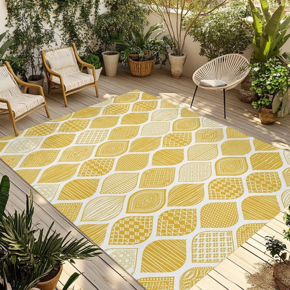 Yellow Geometric Outdoor Rug 3x5 Ft - Reversible Patio Rug Outdoor Camping Rugs, Morocco Modern Abstract Plaid Art Washable Indoor Outdoor Area Rugs, Non-Slip Outdoor Carpet Runner for Deck/Porch