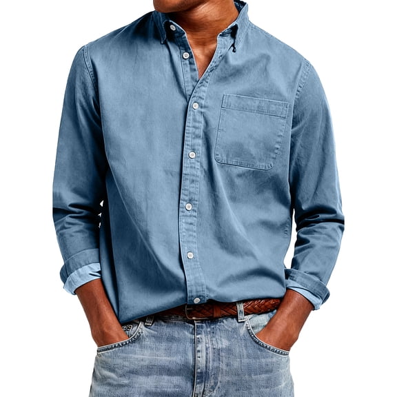 Men's Shirts Long Sleeve Button Down Shirts Stretch Collared Dress Shirts with Pockets Solid Color Slim Fit Business Vintage Western Tops