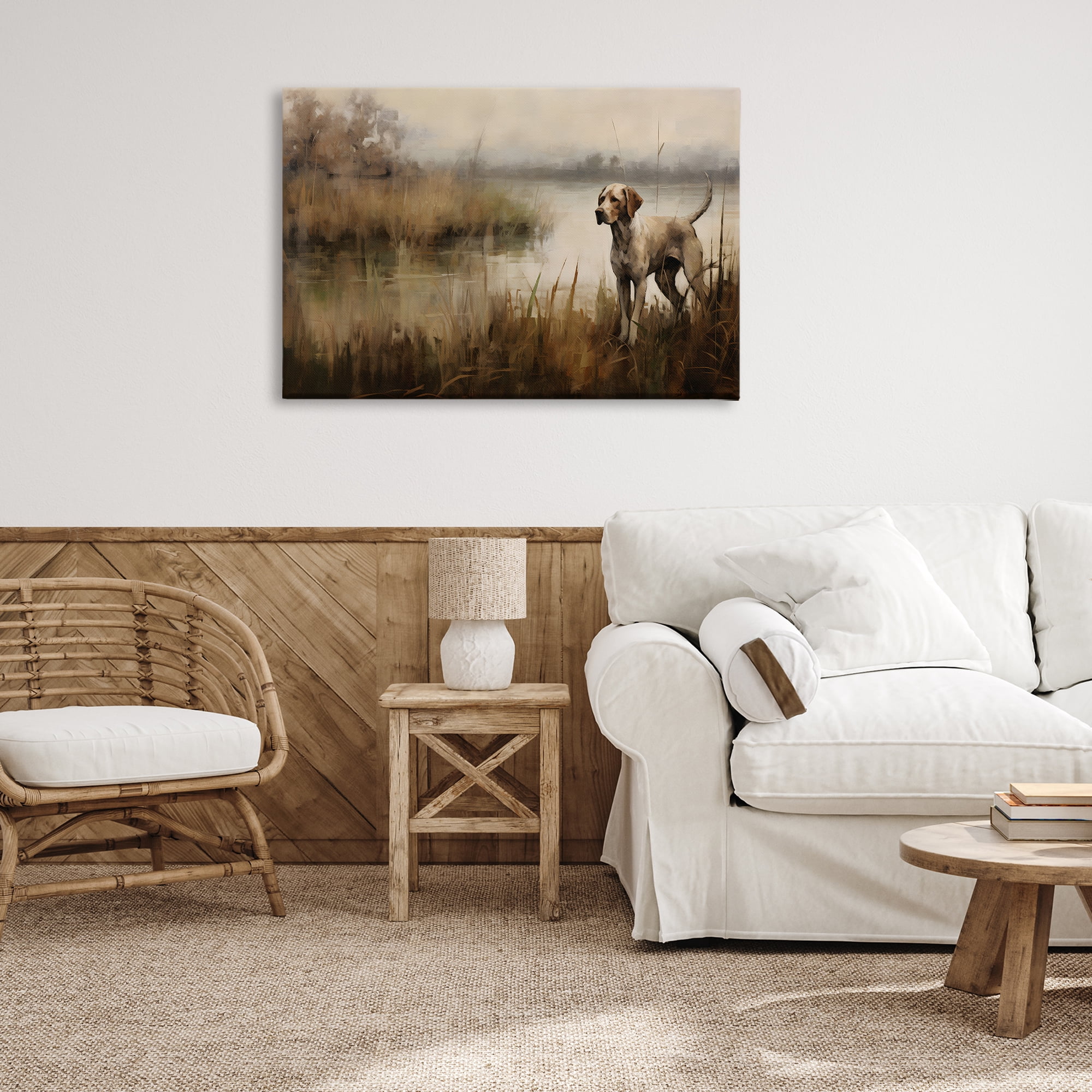 Stupell Industries Hunting Dog in Nature Landscape Painting Gallery Wrapped Canvas Art Print Wall Art, 36 x 24