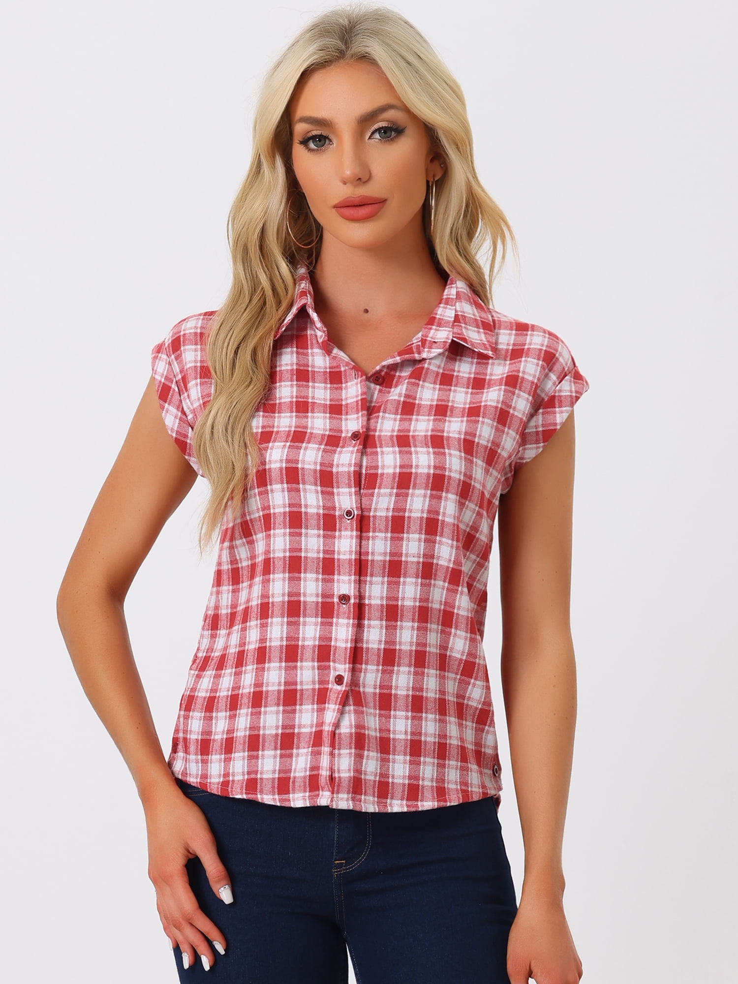 DARING DIVA Women's Summer Plaid Short Sleeves Button Down Shirts XL Red Plaid
