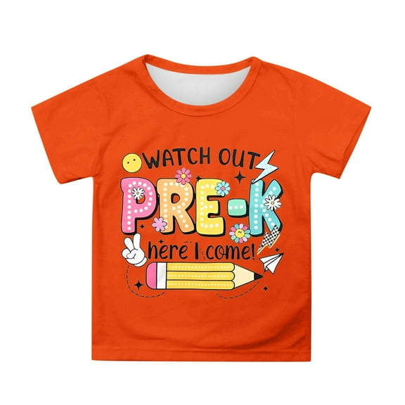 Toddler Girls Short Sleeve Tops Casual Cartoon Print Shirts Crewneck Tees Kids Back School Daily Wear Clothes Orange Size 4-5T