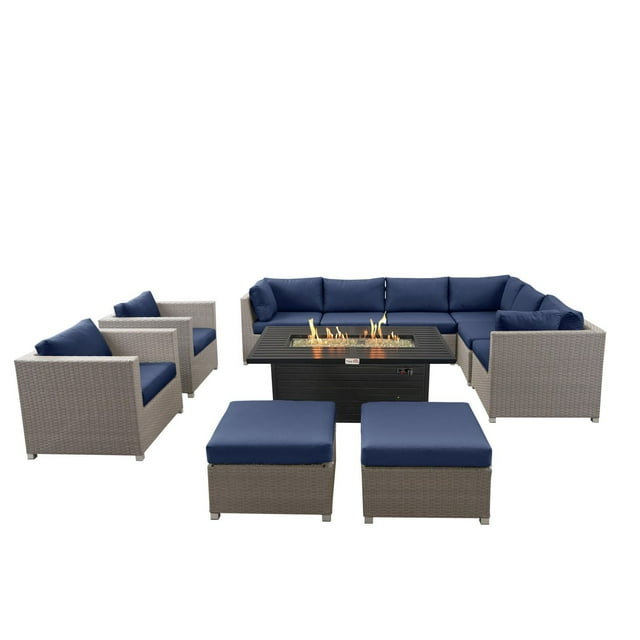 Chambers Bay Collection 11-Piece Aluminum Patio Conversation Set with Navy Cushions and Rectangle Fire Table
