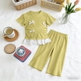 thumbnail image 4 of SGFCWSX Girls 2 Piece Outfits Bow Lace Hem Short Sleeve Tops Wide Leg Capri Pants Summer Casual Clothes Set Yellow Size 8, 4 of 9
