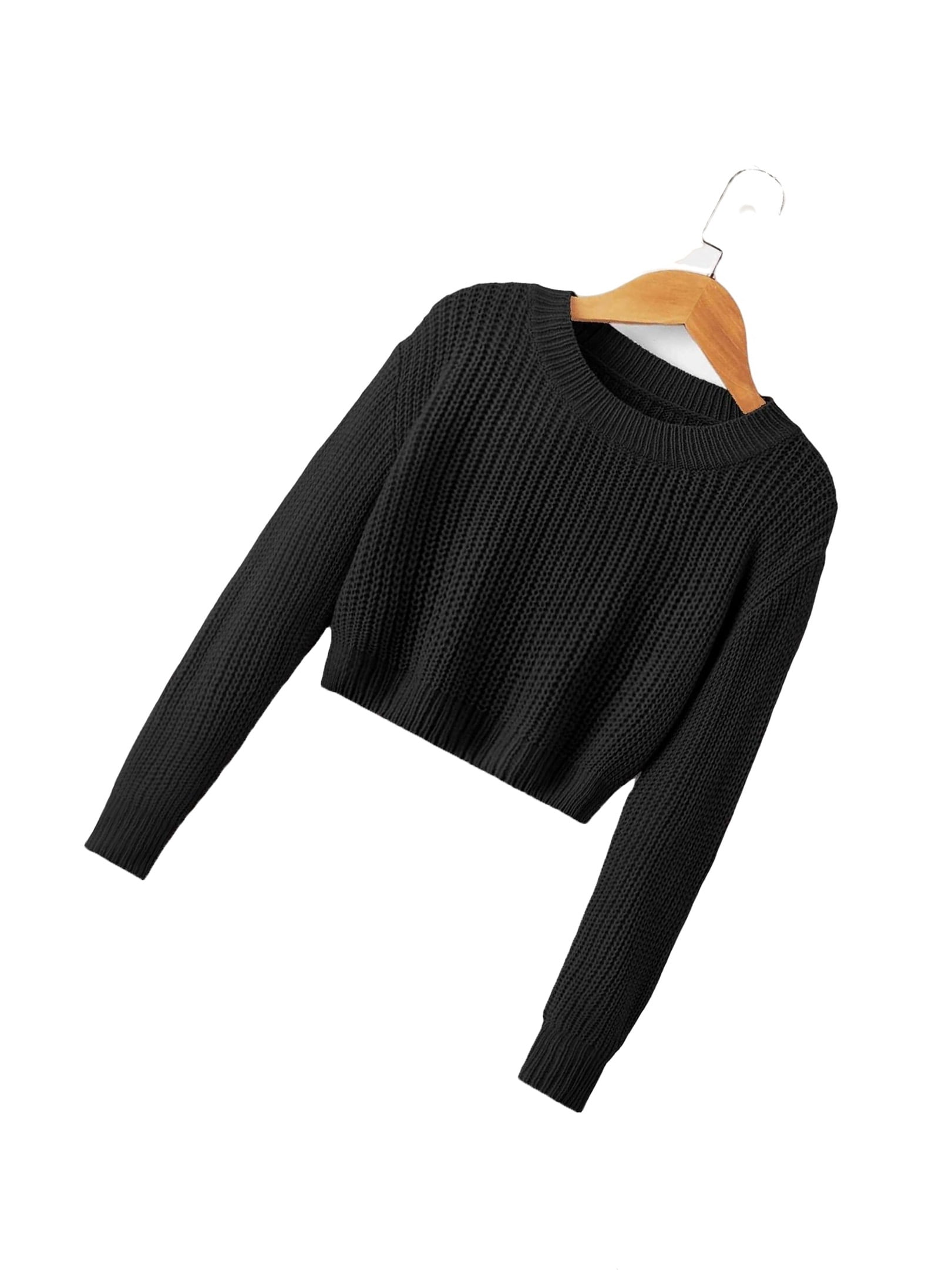 Casual Plain Round Neck Pullovers Long Sleeve Black Girl's Sweaters