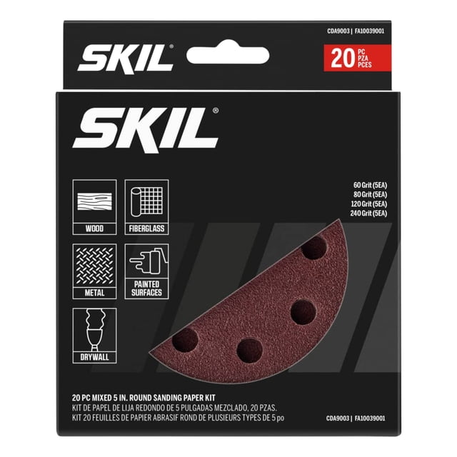 Kit de papel de lija SKIL, 20 piezas, mezcla de 5 pulgadas, 60/80/120/240 granos