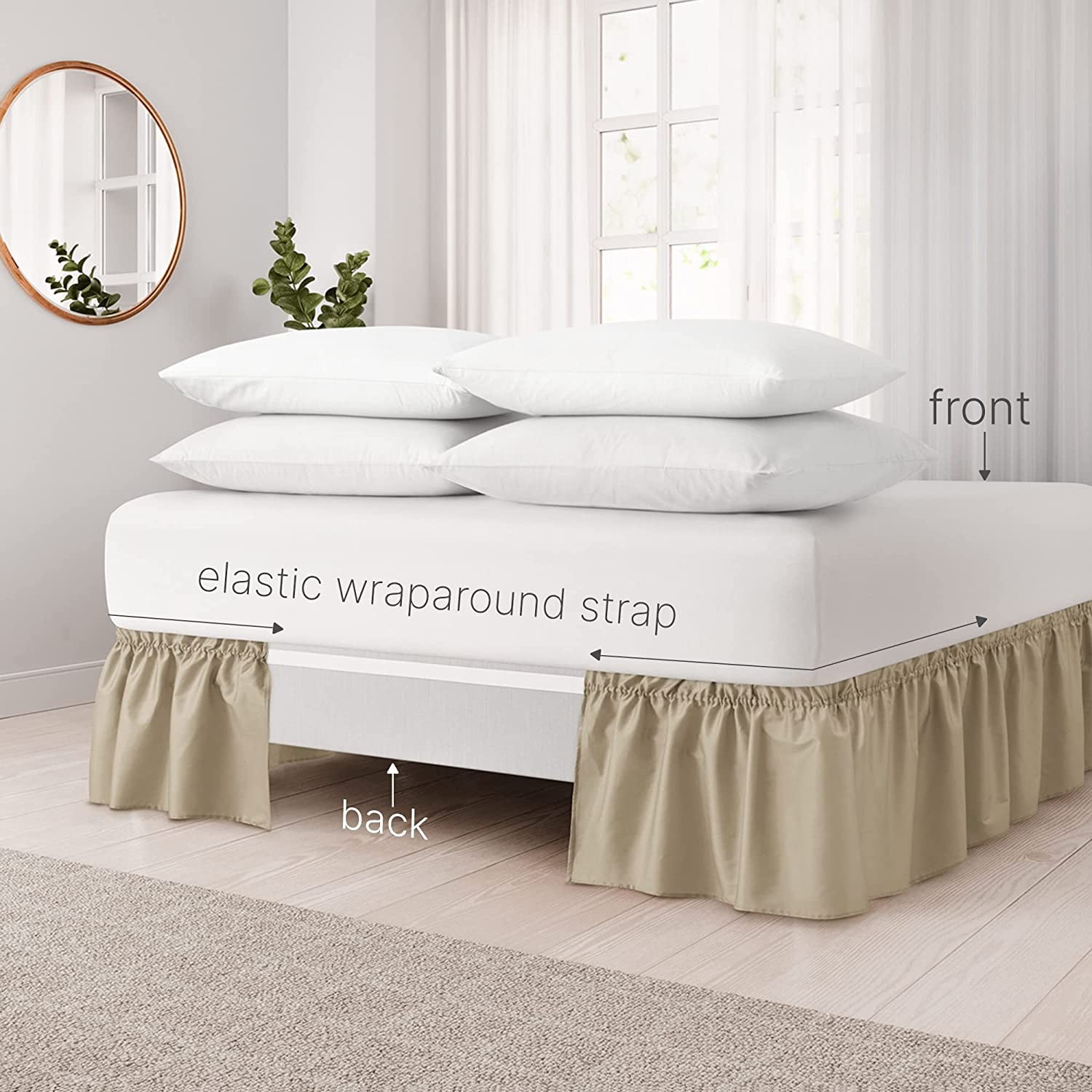 CGK Linens Wrap Around Dust Ruffle Bed Skirt - For Queen Size Bed With 15 Inch Drop, Easy Fit Elastic Strap - Pleated Bedskirt, Beige