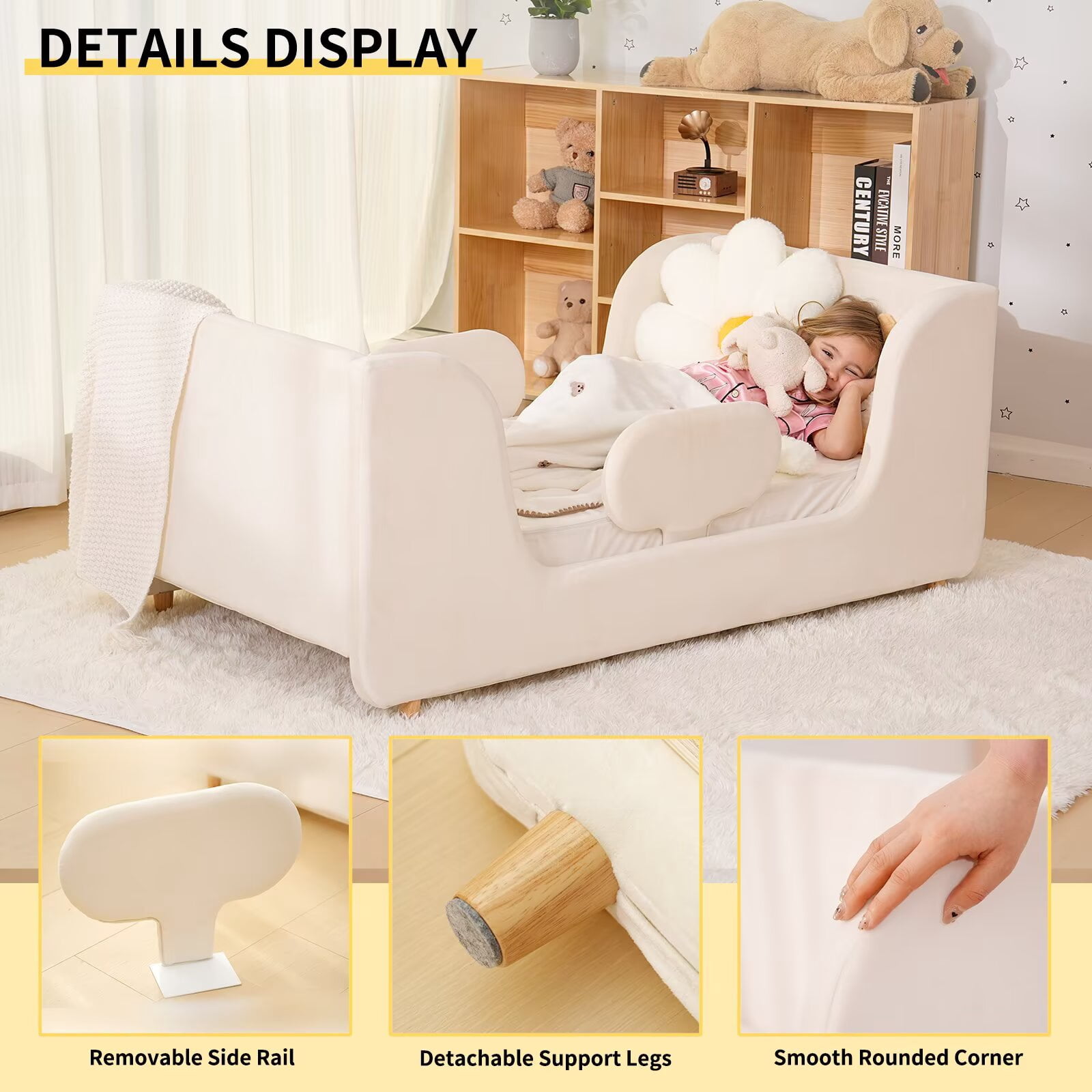 Lilypelle Toddler Bed Frame, Toddler Floor Bed with Removable Guard Rails, Small Bed for Boys and Girls, Standard Crib Size Toddler Bed，55.9 x 31.5 x 23.2 in，Beige