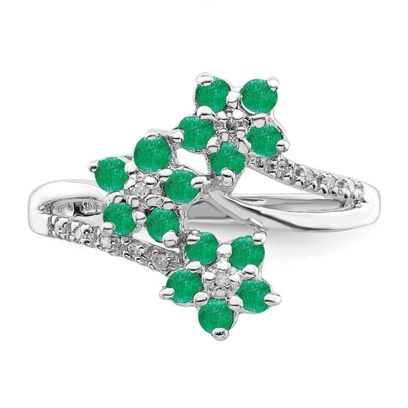 Floral Cluster Diamond Ring, Triple Flower Engagement Ring, Green Emerald Diamond Wedding Ring, Bypass Diamond Anniversary Ring, 14K White Gold Plated, 2.3 Ct Simulated Green Emerald And Diamond