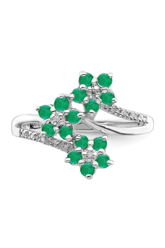 Floral Cluster Diamond Ring, Triple Flower Engagement Ring, Green Emerald Diamond Wedding Ring, Bypass Diamond Anniversary Ring, 14K White Gold Plated, 2.3 Ct Simulated Green Emerald And Diamond