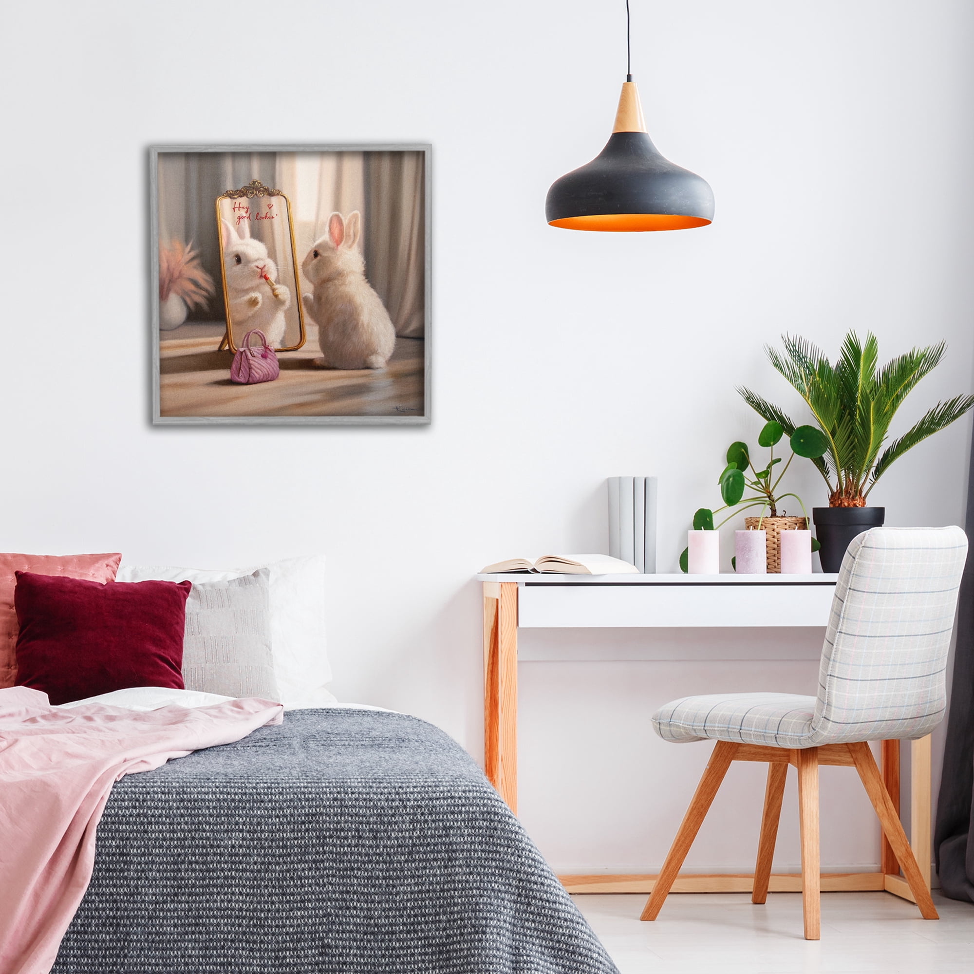 Stupell Industries Final Touch Makeup Bunny Gray Framed Giclee Art, design by Lucia Heffernan