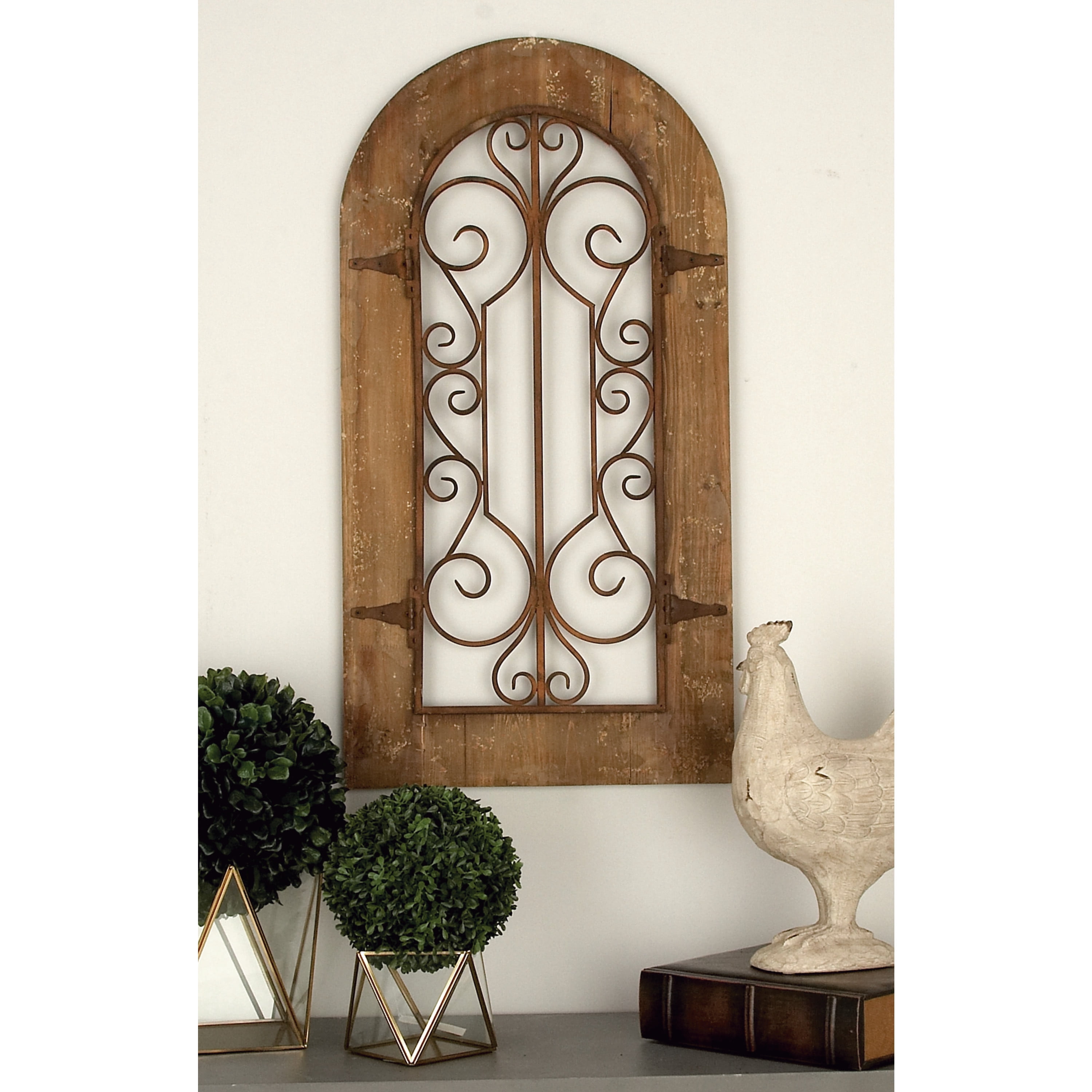 DecMode Brown Wood Arched Window Inspired Scroll Wall Decor with Metal ...