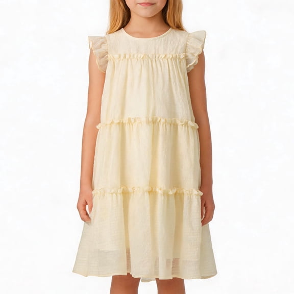 NIPAXO Girls Dress Summer Flutter Sleeve Crewneck Fully Lined Tiered Ruffle Flowy Boho Casual Dress for Kids