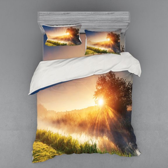 Nature Duvet Cover Set, River with the Grass in Sun Rays Beams Tree Dramatic Ukraine Rural Print, Bedding Set with Shams and Fitted Sheet, 3 Sizes, by Ambesonne