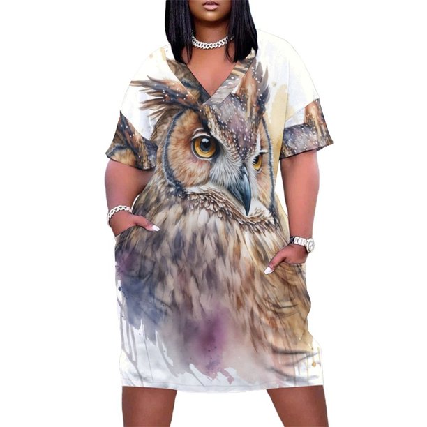 Búho bohemio: pintura de acuarela de un hermoso búho, vestido holgado con bolsillos, vestido de noche para mujer, vestidos para mujer 2025