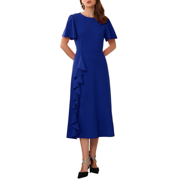 INSPIRE CHIC Women's Ruffle Dress Wedding Guest Crew Neck Short Sleeve Formal Cocktail Midi Dresses S Royal Blue