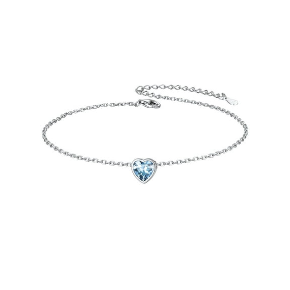Silvora Heart Anklet Bracelet for Women March Blue Aquamarine Sterling Silver Anklet Summer Beach Foot Jewelry for Her Wife Daughter Mom
