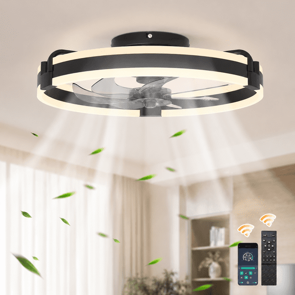Garwarm 19.7 in Ceiling Fan with Lights and Remote, Black Low Profile LED Flush Mount Fan Light, Dimmable 3000K-6000K, 6 Speeds for Bedroom Living Room