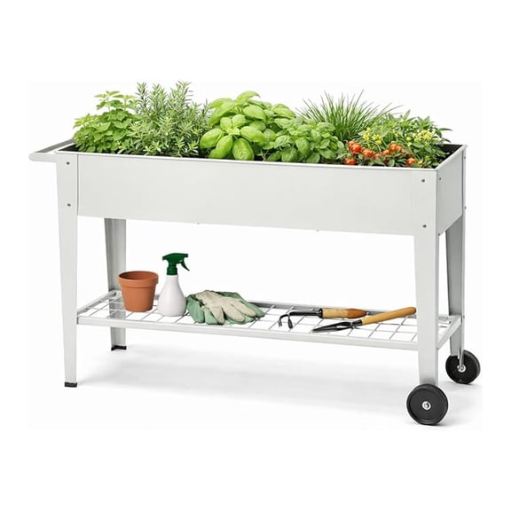Elevated 40" Raised Garden Bed Outdoor with Wheels & Shelf for Mobility, Metal Planter Box for Vegetables/, Patio-Balcony-Backyard (White)