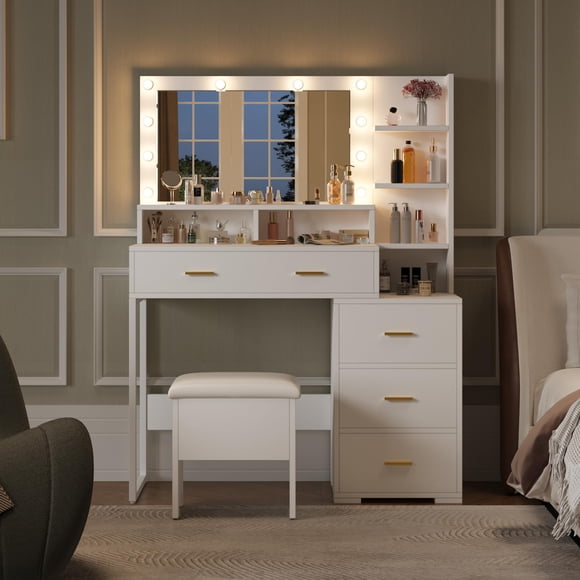 QinaQin Modern Dressing Table with Mirror, 9 Led Lights, 4 Large Drawers, 3-Tier Open Shelving, Bedroom Vanity, White