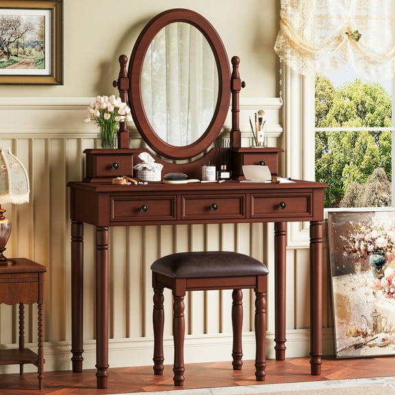 MODERNLUXE Vanity Desk with Mirror,Makeup Dressing Table Set with 1 Stool and 5 Drawers for Bedroom,Walnut