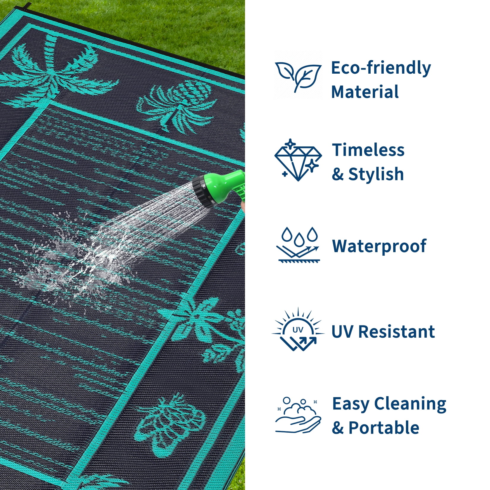 Nanan 8'x10' Outdoor Patio Rug, Waterproof Reversible Camping Rug, Portable Foldable Floor Cover for Picnic, Beach, Deck, Backyard, Dark Blue Green Black