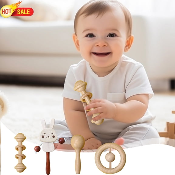 Clearance! Natural Wooden Baby Hand Rattle Toys, 0-12 Months Infant Montessori Sensory Toy, Smooth Polished Wood Teething Rattle, Newborn Grab Toy for Fine Motor Skill Development, Baby Shower Gift