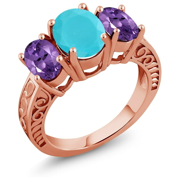 Gem Stone King 3.00 Ct Oval Green Turquoise Purple Amethyst 18K Rose Gold Plated Silver Ring (Size 8)