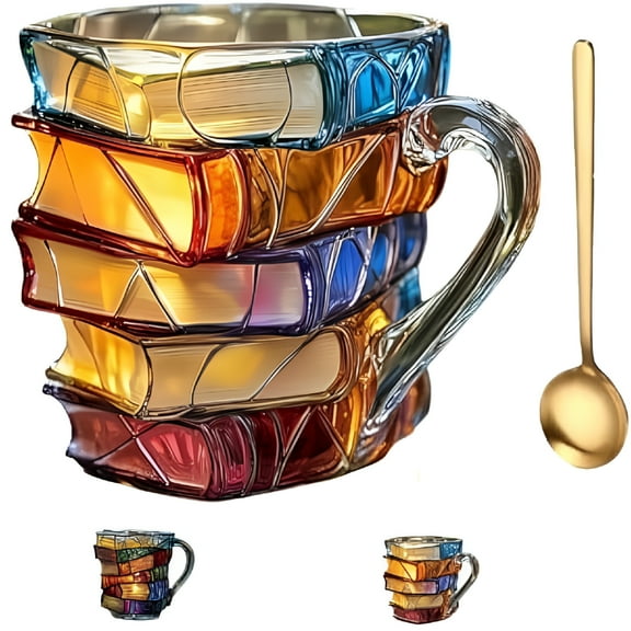 ACDANC Painted Book Mug,Novelty 3D Hand Painted Books Stack Shaped Coffee Mug,Handmade Colored Glass Coffee Book Cups,11oz Unique Reading Painting Books Cup for Book Lover Gifts