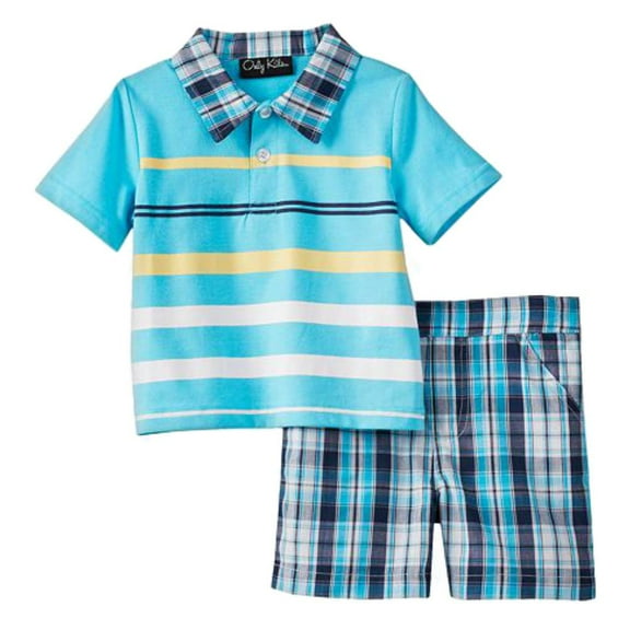 Only Kids Infant Boys 2 Piece Blue Striped Polo T-Shirt & Plaid Shorts 12m