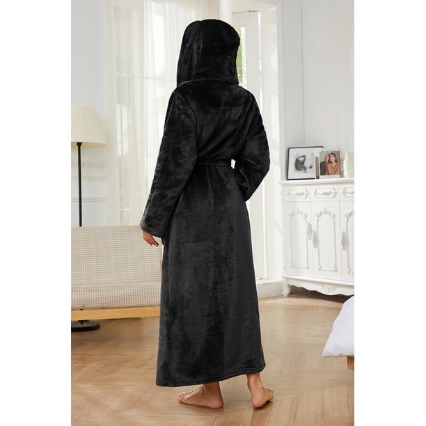 ladies black hooded dressing gown Maxi Long Sleeve Hooded Sweatshirt Dress with Pockets Black (1) / S / Cotton