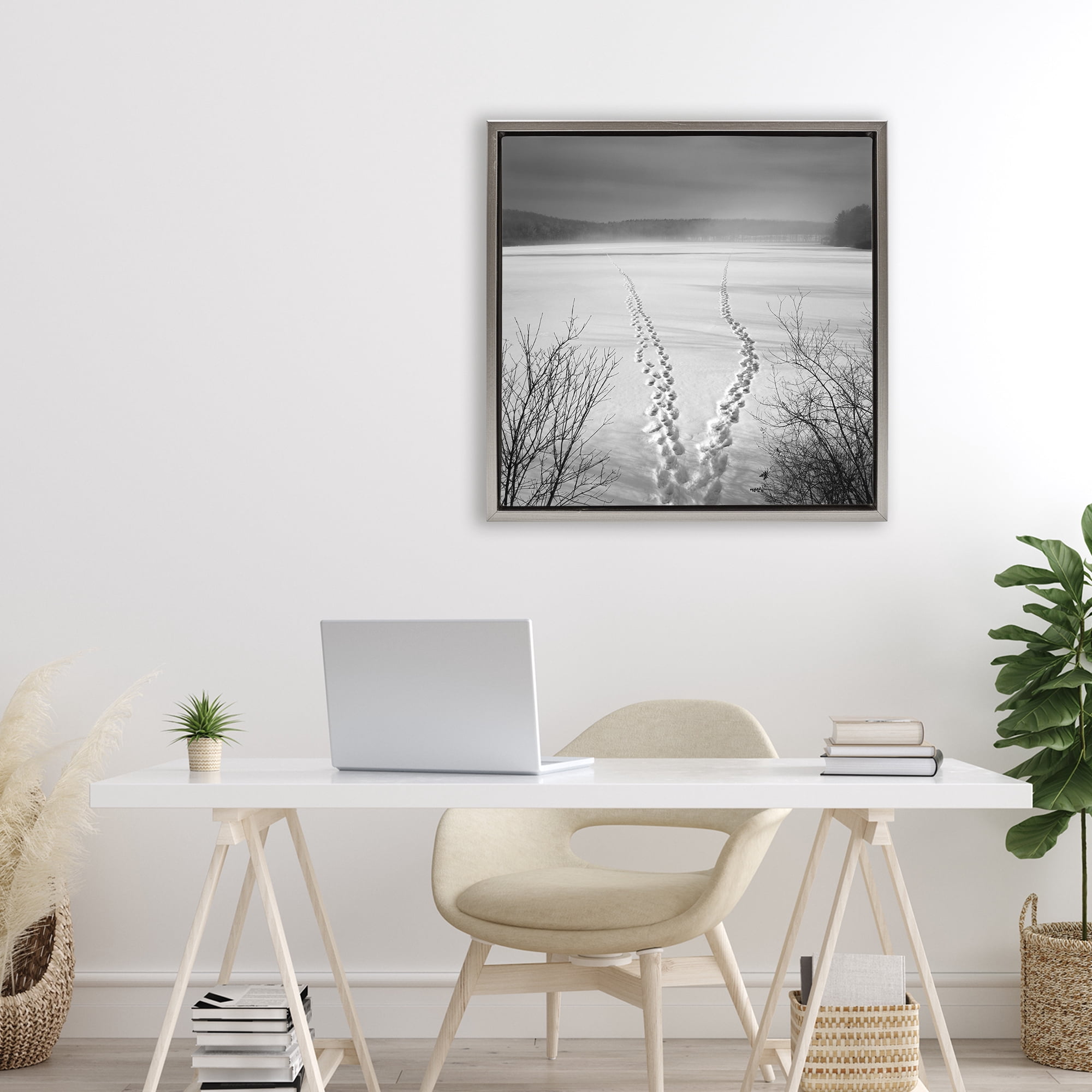Stupell Industries Snowstep Tracks Across Frozen Lakes Gray Framed Floater Canvas Wall Art, design by Chip Forelli