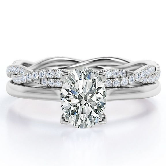 JeenMata 4 Prong Set - 1.25 Carat Oval Shape - Pave Twisted Shank Wedding Set - 18K White Gold Plating over Silver (CUSTOMIZE YOUR WEDDING RING BAND)