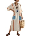 thumbnail image 3 of Gamivast Boho Maxi Dress for Women V Neck Short Sleeve Contrast Striped Trim with Pockets Casual Dress Loose Fit Oversized Flowy Vacation Dress, 3 of 5