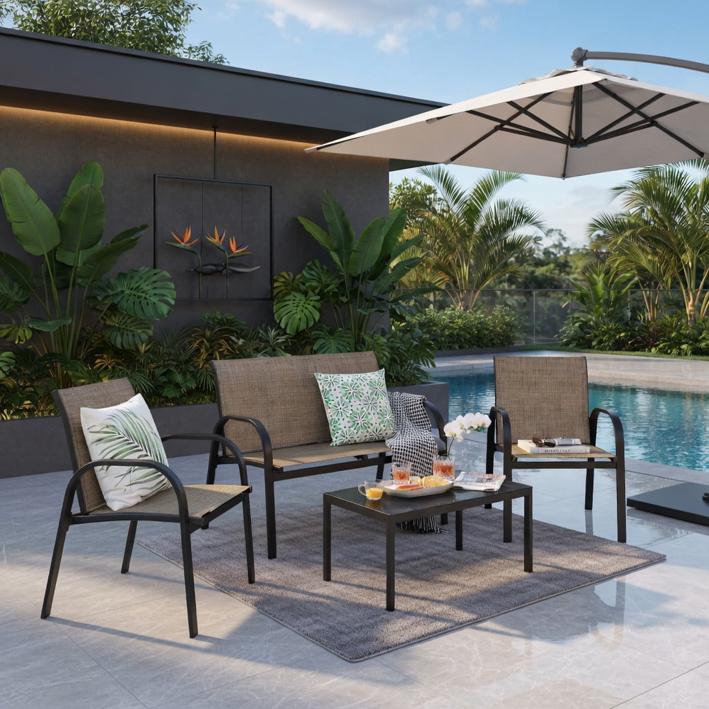 Hommoo 4-Piece Modern Outdoor Patio Furniture Set, Steel Frame Loveseat, 2 Single Sofas & Tempered Glass Top Coffee Table, Brown