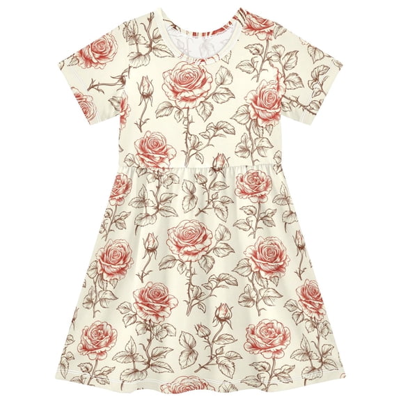 joogoo Roses Retro Flower Girls' Short Sleeve Dress Kids Dresses 5-6T