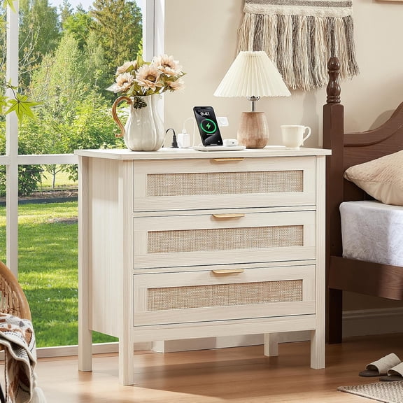 31.5-Inch Wide Rattan Nightstand with Charger Station and 3 Drawers, Grey White Boho Bedside Table for Bedroom or Hallway