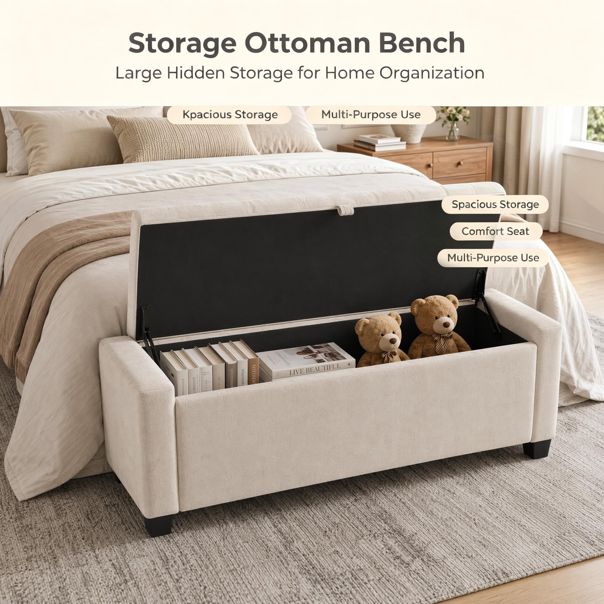 Storage Bench 43.3 Inch, Chenille Upholstered Ottoman Bench with Safety Hinge, End of Bed Storage Bench for Bedroom and Entryway, Beige