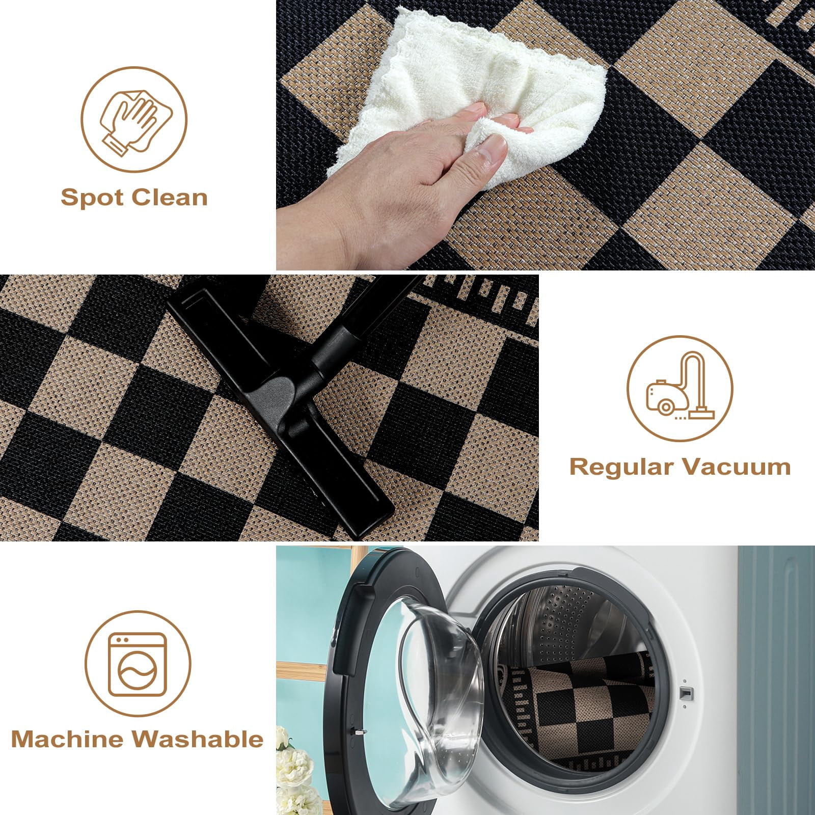 Checkered Easy Jute Entryway Rug  2x3 Washable Non Slip Kitchen Indoor Outdoor Door Mat Farmhouse Low Pile Floor Black Rugs For Porch Doorway