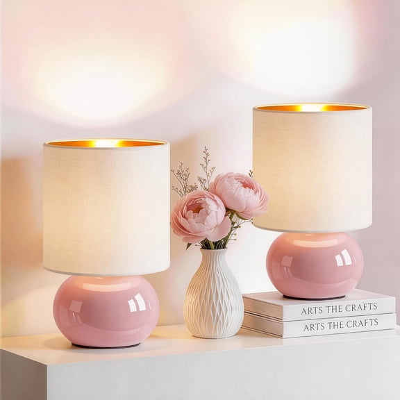 Ceramic Table Lamps Set of 2, Modern Classic Bedside Lamps for Nightstand, Small Table Lamp for Bedroom Living Room Desk End Table (Pink)