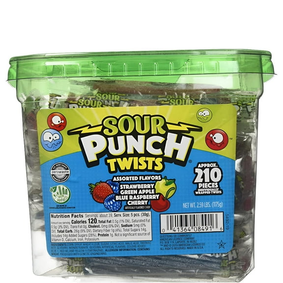 Sour Punch Sour Punch Twists, 3 Individually Wrapped Chewy Candy, 4 Fruity Flavors, 2.59 LB Jar, 210 Count