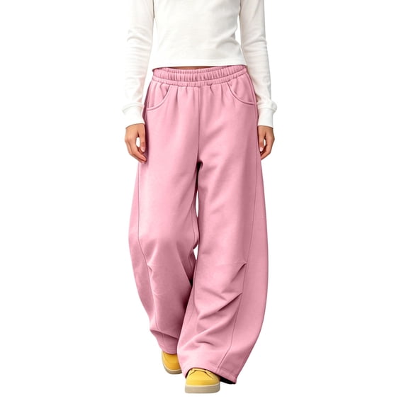 CPNG Girls Curved Barrel Sweatpants Solid Color Wide Leg Elastic High Waist Casual Pants Loose Street Style Jogger Pants
